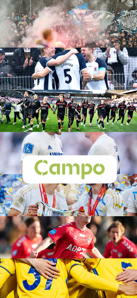 campo.dk - Collage of soccer players fans and a trophy with the Campo logo in the center