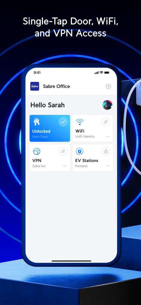 UniFi Identity Endpoint - iPhone showing the UniFi Identity app dashboard with single-tap controls for door access, WiFi, and VPN