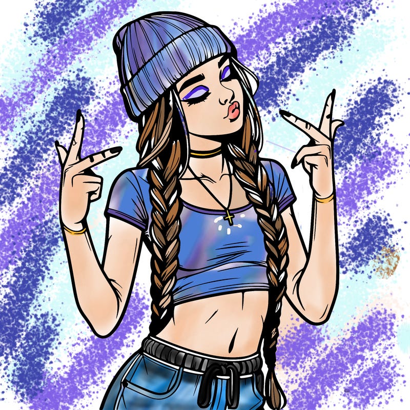 realistic teenage girl with braids and a beanie and crop top doing 🫶🏼