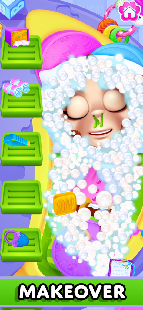 Baby Pet Puppy: Vet Makeover - A baby pet character covered in bubbles during a bath and makeover gameplay screen