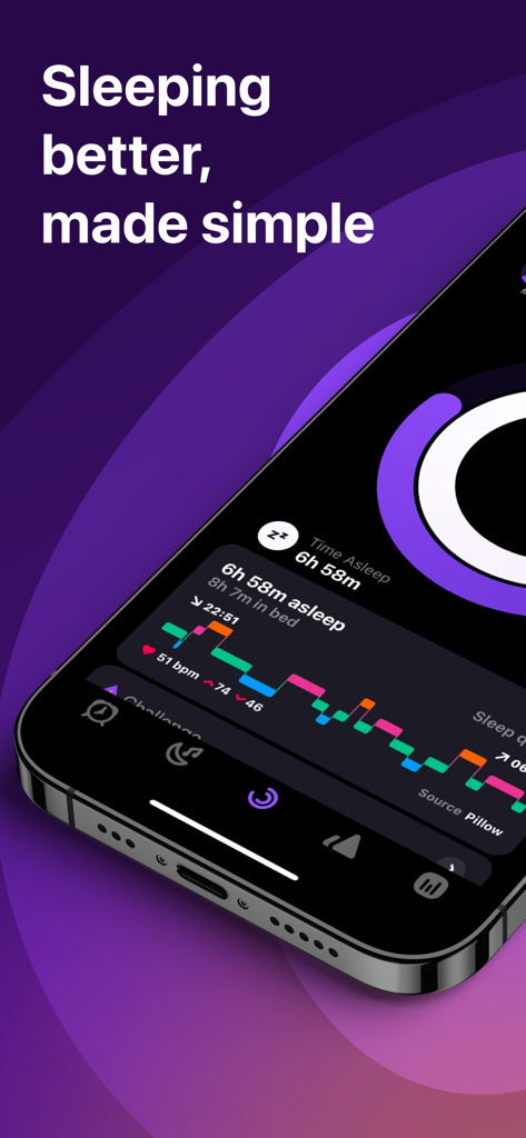 Pillow sleep tracker app interface showing sleep duration and heart rate analysis graph
