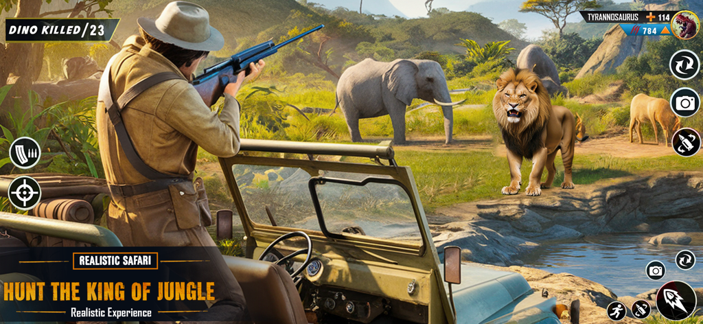 Wild Hunter 3D: Shooting Games - A hunter aiming a sniper rifle at a lion in a realistic wild safari landscape next to a 4x4 Jeep