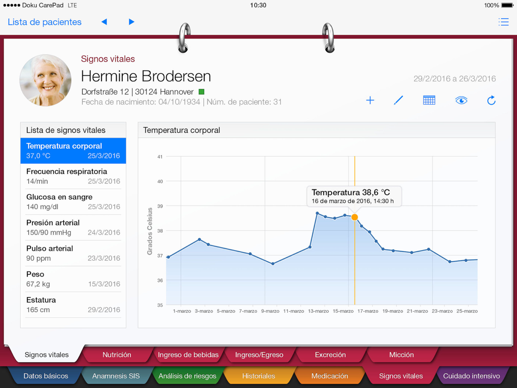 Doku-CarePad - Doku-CarePad iPad-Benutzeroberfläche mit Patienten-Vitalwerten und einer Körpertemperaturkurve