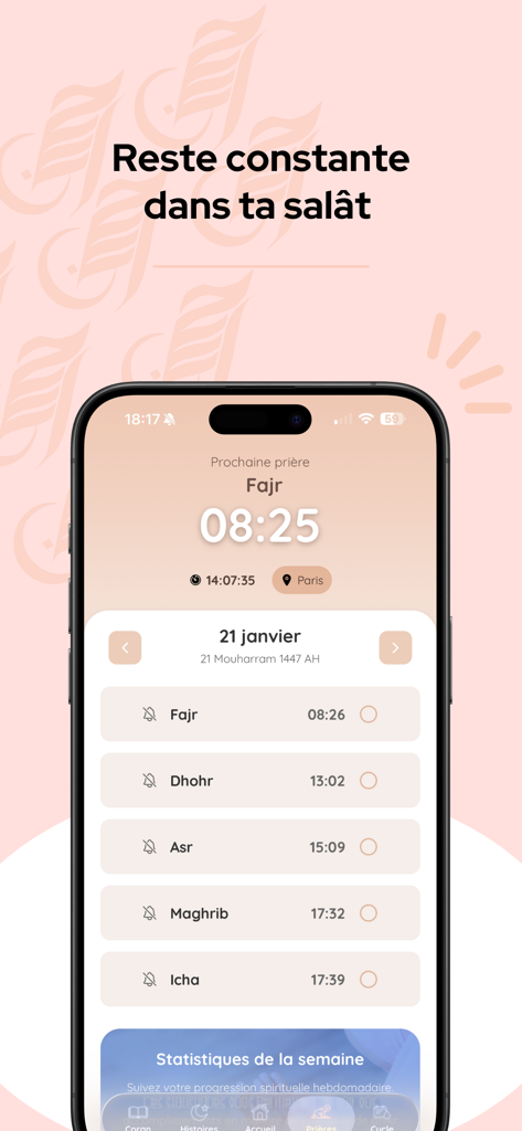 Ihsan - Salat & Dhikr - Ihsan app mobile screen showing daily Islamic prayer times and a salat checklist for spiritual tracking