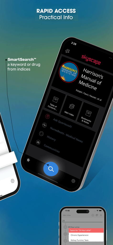 Smartphone screen showing the Harrison's Manual of Medicine app with SmartSearch feature for rapid clinical info access