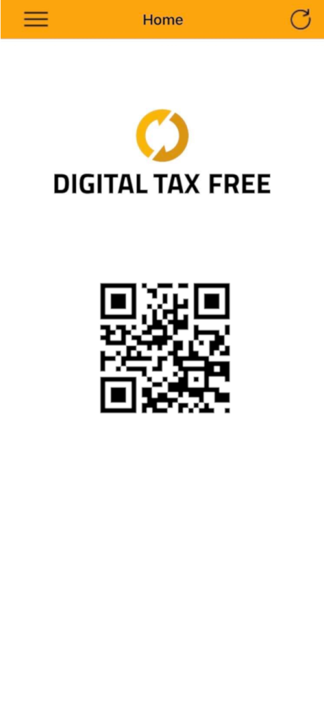 Pantalla de inicio de la aplicación Digital Tax Free con un código QR para reembolsos de IVA europeos