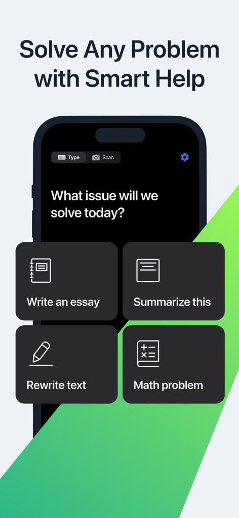 Whiz: Homework, Math AI Helper - Whiz app home screen showing AI study features like essay writing, text summarizing, and math problem solving