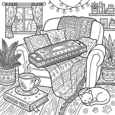 Immerse yourself in the serene world of our Harmonica and Weekend Vibes coloring page, perfect for unwinding after a long week. This charming scene invites you to add your personal touch to a delightful moment of peace and musical contemplation.