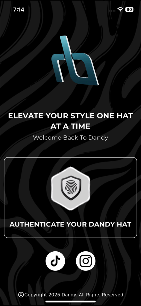 Welcome screen of the DH Dandy Hats app featuring an option to authenticate products and links to social media.