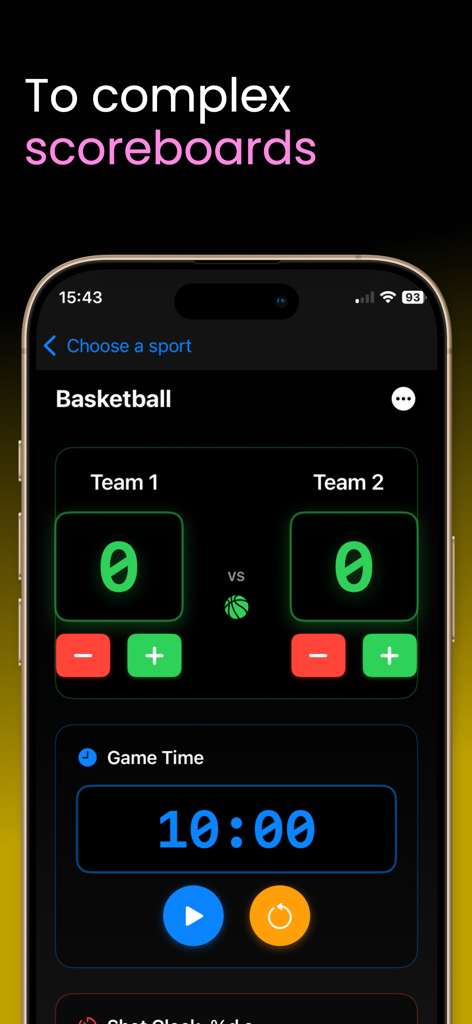 Scoreboard virtual keeper - A smartphone displaying the basketball scoring interface with team scores and a game timer from the Scoreboard virtual keeper app