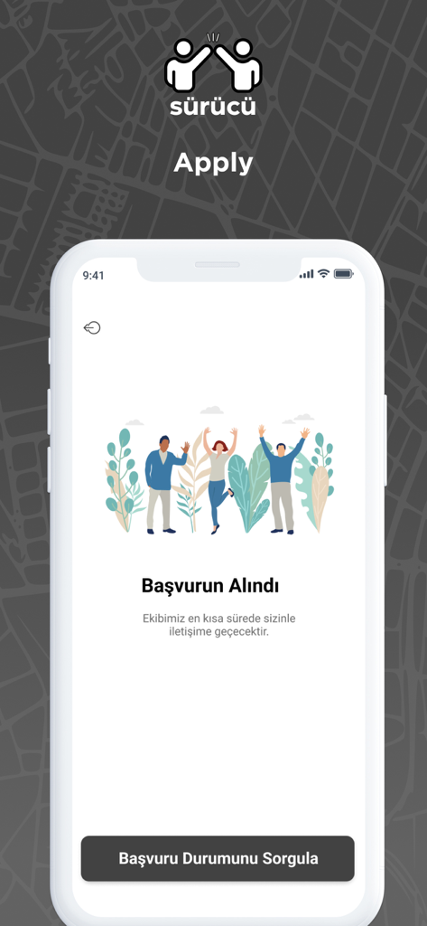 A smartphone screen displaying a driver application confirmation message in the TAG Sürücü app with an illustration of happy people.