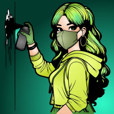 realistic girl with mask spray painting a wall