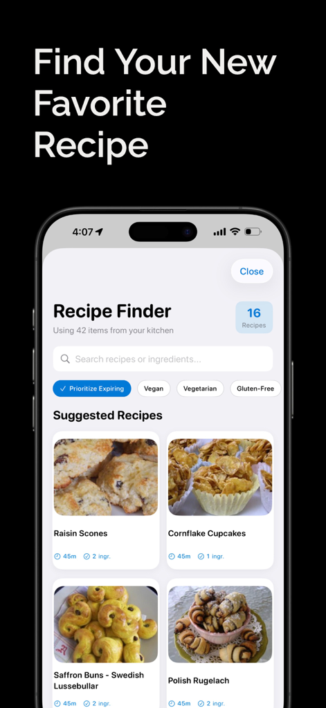 Food Stocks • Pantrino - Interface du chercheur de recettes de l'application Pantrino montrant des suggestions de repas basées sur l'inventaire actuel de la cuisine avec des filtres diététiques