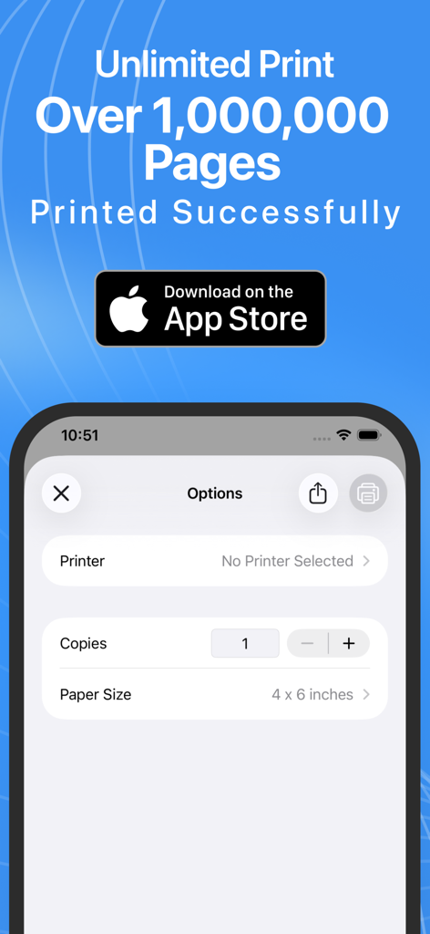Smart Printer : Instaprint App - Smart Printer app interface showing print settings for copies and paper size.
