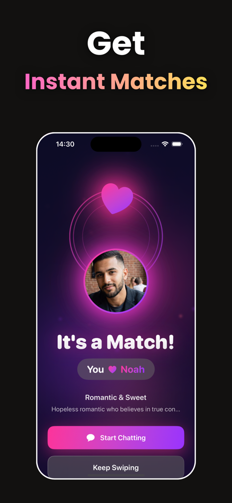 Interface of AI Boyfriend app showing a successful match with a virtual companion named Noah