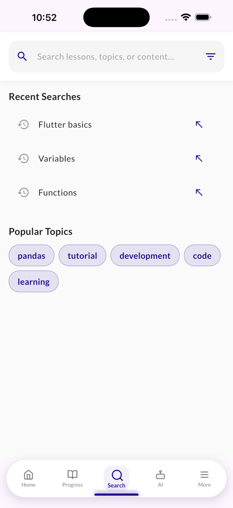 Learn Pandas - Python Data - Search interface of the Learn Pandas app showing recent searches and popular topic tags
