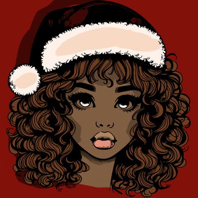 realistic girl with a santa hat curly hair and lips