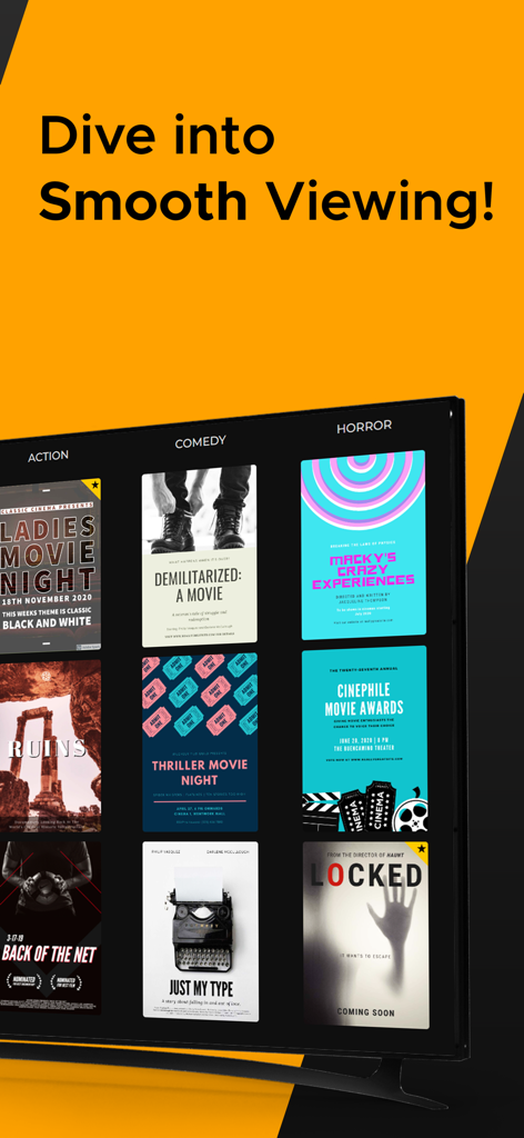 Interfaz de la aplicación Max Player en una pantalla de TV mostrando una cuadrícula de títulos de películas categorizados por género.