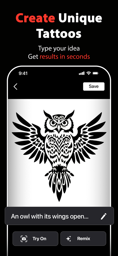 Ein Bildschirm der Inkit-App, der ein einzigartiges KI-generiertes Eulen-Tattoo-Design mit Optionen zum Anprobieren oder Remixen zeigt.