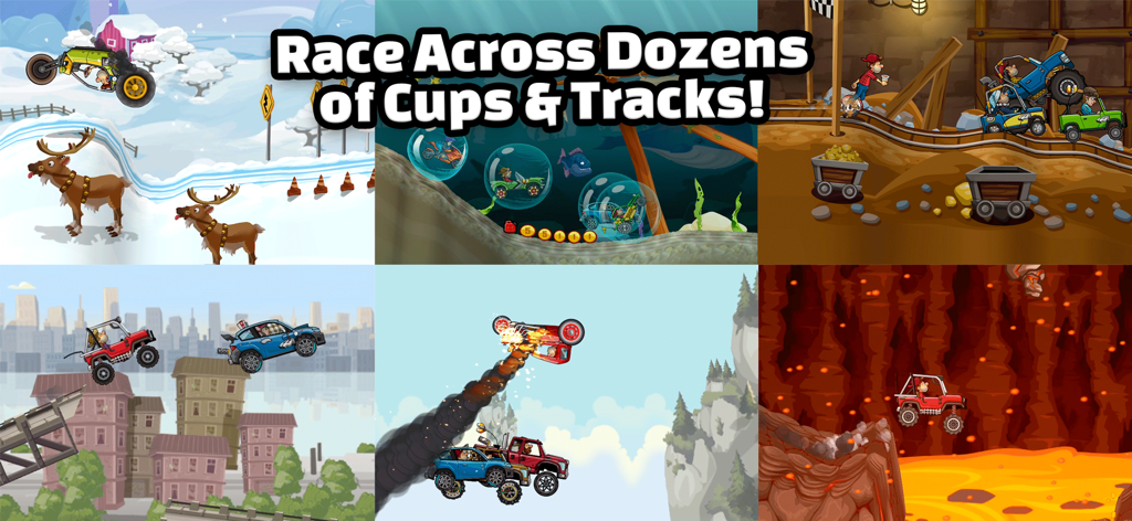 Eine Collage aus verschiedenen Rennstrecken und Umgebungen in Hill Climb Racing 2, einschließlich Schnee-, Unterwasser- und Lavaszenen