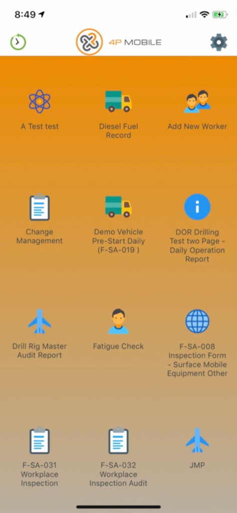 Panel de la aplicación 4P Forms que muestra varios formularios digitales de inspección y auditoría de seguridad