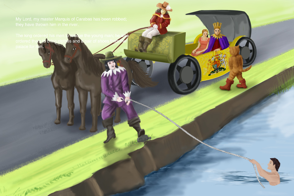 Puss in Boots (HD) - Ilustración de los hombres del rey rescatando a un hombre de un río cerca de una carroza real en el audiolibro El Gato con Botas