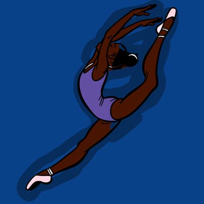 gymnast doing a leap in a leotard with a bent back leg