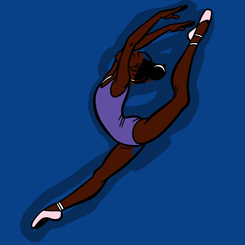 gymnast doing a leap in a leotard with a bent back leg