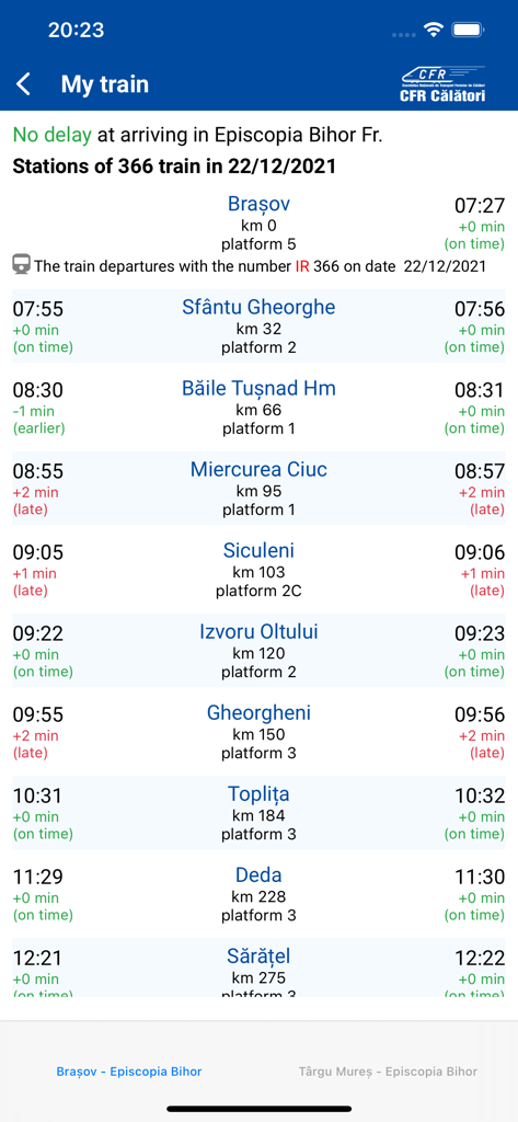 CFR Calatoriアプリのリアルタイム列車スケジュール、駅の停車駅と到着時刻が表示されたモバイル画面。