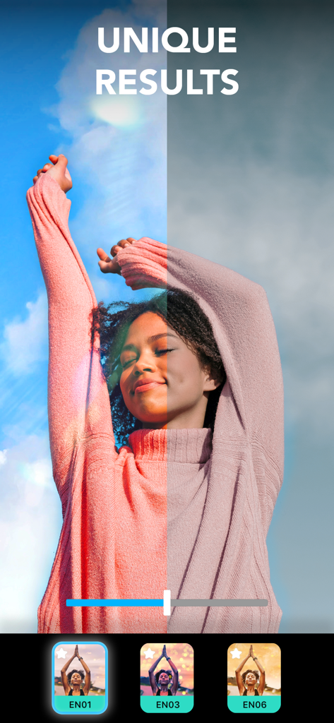 Vorher-Nachher-Vergleich eines einzigartigen Foto-Filtereffekts auf einem Porträt