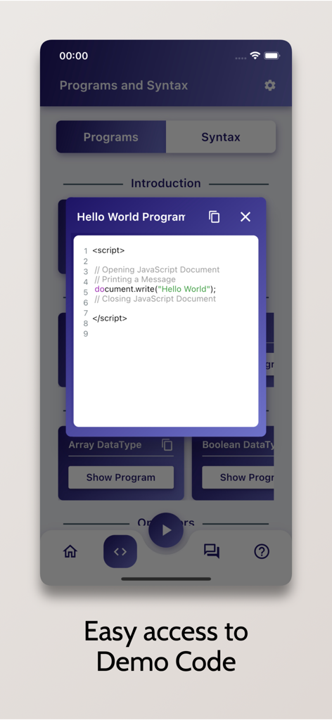 Learn JavaScript - OnePercent - A screenshot of the Learn JavaScript app showing a Hello World demo code program