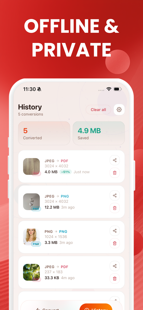 Image Converter: JPEG HEIC PDF - オフラインおよびプライベート処理を強調するヘッダーとともに、最近変換された画像のリストを示すモバイルアプリインターフェース