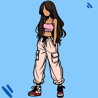 girl in baggy pants crop top and long hair