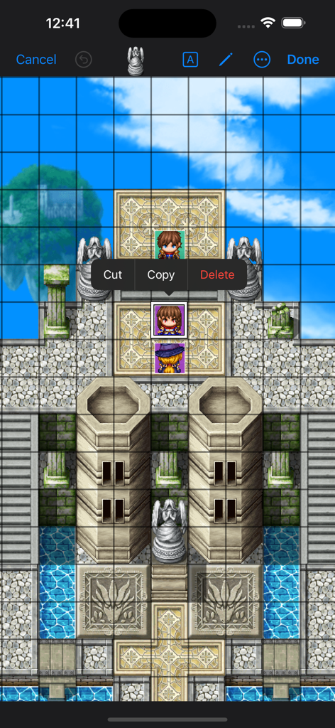 Editando un evento de personaje en una cuadrícula de mapa RPG en Mapper MZ