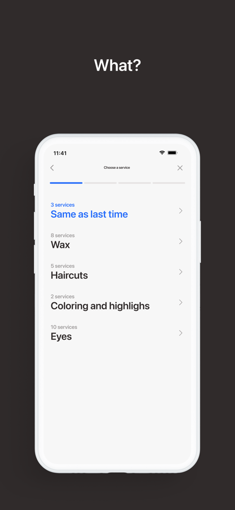 Interfaz de aplicación móvil que muestra una lista de servicios de belleza para reservar, incluyendo cortes de pelo, depilaciones y coloración.