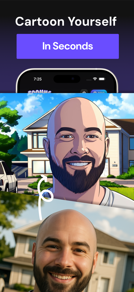 Cartoon Yourself Toonify - A before and after comparison showing a man portrait transformed into a cartoon illustration using AI