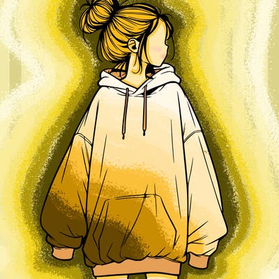 realistic girl with a oversized sweatshirt on and a bun
