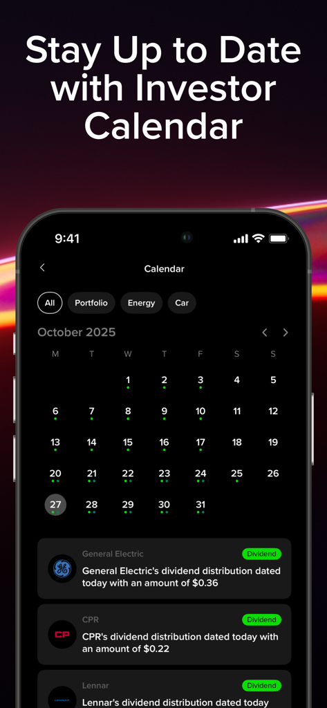 baraka: Buy US Stocks & ETFs - Baraka app interface displaying an investor calendar with upcoming stock dividend distributions