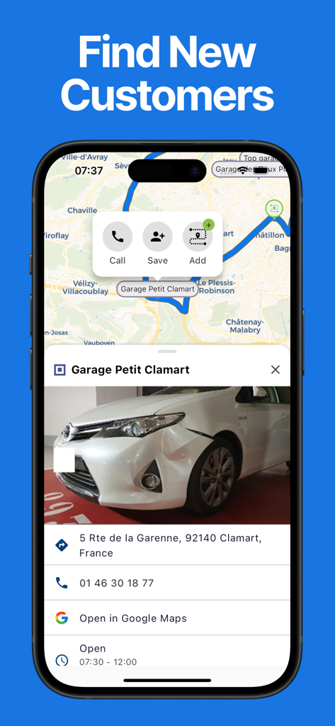 Interface of the Easy Way app showing a business profile on a map with options to call or add to route.