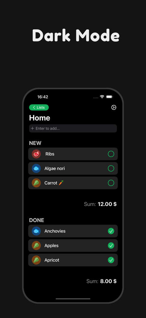 Tela do iPhone mostrando o aplicativo Shared Grocery em modo escuro com uma lista de compras contendo itens como costelas e maçãs organizados em categorias novas e concluídas.