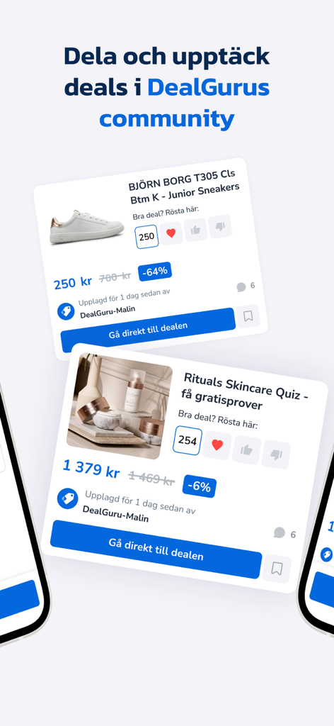 DealGuru - A mobile app interface displaying community shared discounts on sneakers and skincare products
