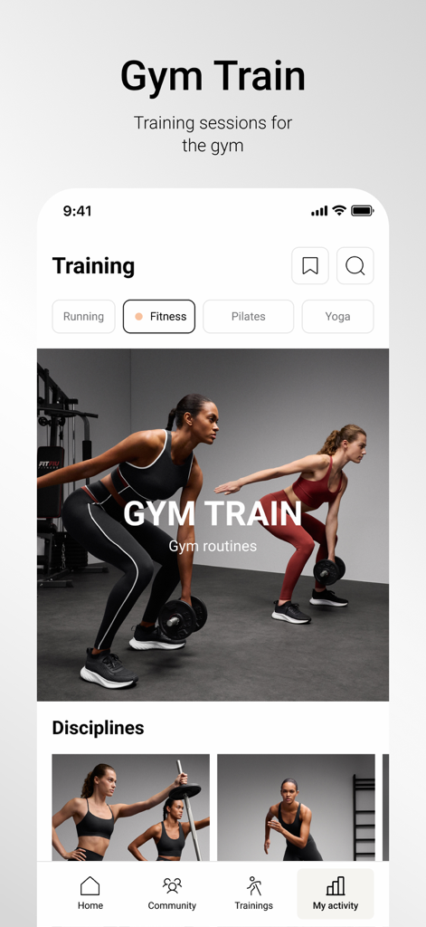 Captura de pantalla de la interfaz de la app Oysho Training mostrando rutinas de entrenamiento de gimnasio y disciplinas de fitness.