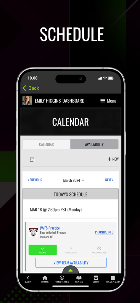 Blast Athletics app dashboard showing a team practice schedule with player availability options