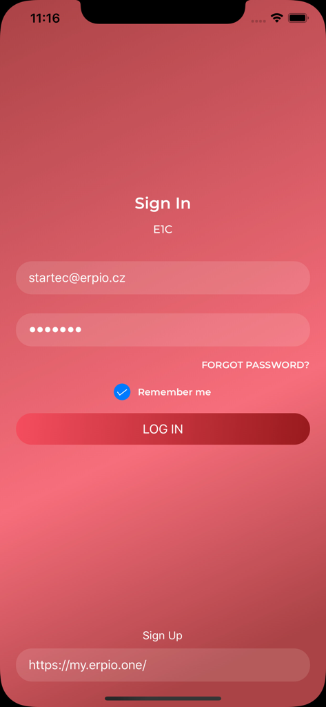 Schermata di accesso dell'app ERPIO con campi email e password