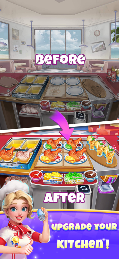 Cooking Journey: Food Games - Before and after comparison of a kitchen renovation in the Cooking Journey mobile game featuring a chef and prepared chicken dishes
