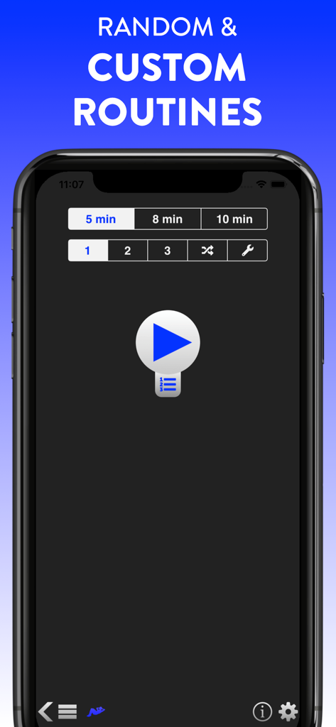 Daily Workouts - Daily Workouts app interface showing selection for 5 8 and 10 minute custom and random exercise routines.
