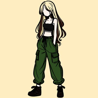 girl in baggy pants crop top and long hair
