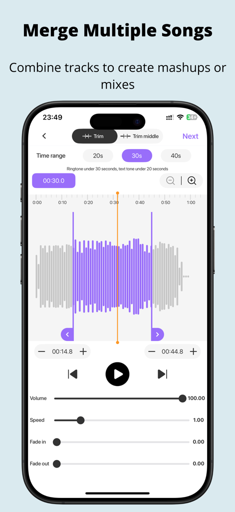 MP3 Cutter: Music Trim & Maker - 파형과 편집 컨트롤이 있는 오디오를 편집하기 위한 iOS 앱 인터페이스