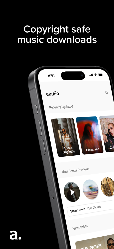 Audiio Pro - Audiio Pro app interface on a smartphone screen showing curated music playlists and song previews for filmmakers.