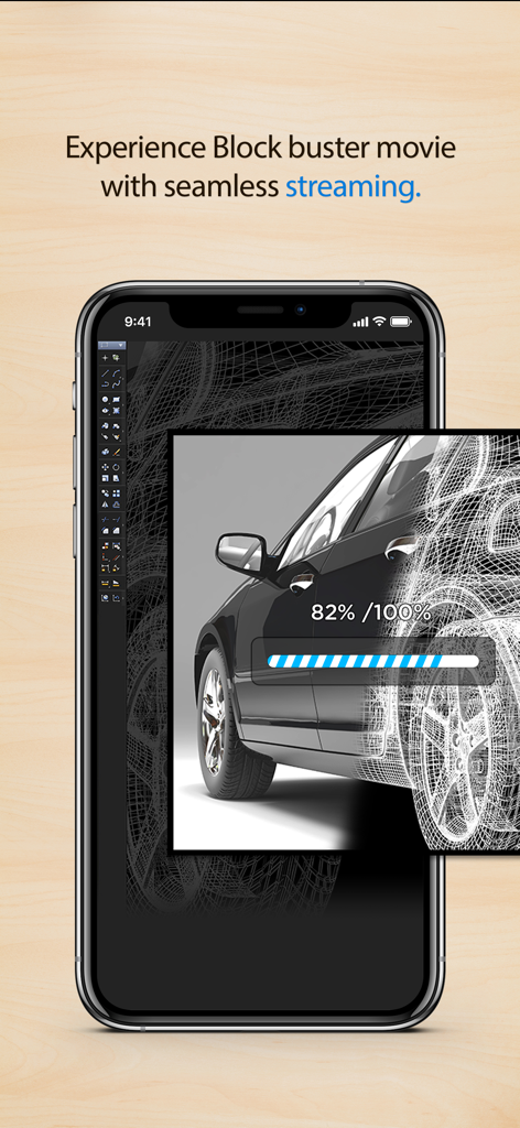 RemoteView app on a smartphone displaying a high quality 3D car model rendering with a progress bar and seamless streaming text